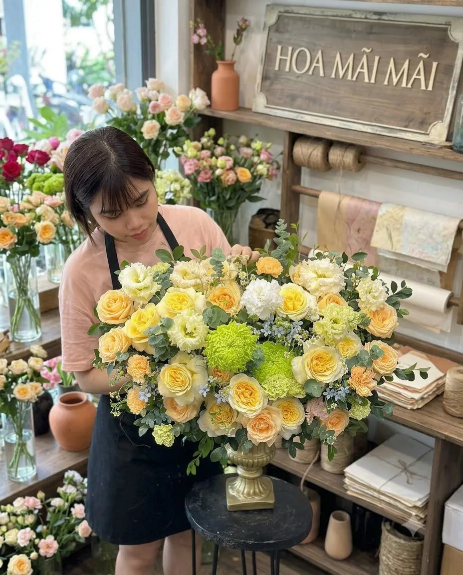 Lẵng hoa hồng vàng trên đế bình cổ điển tại Bồng Sơn, Bình Định