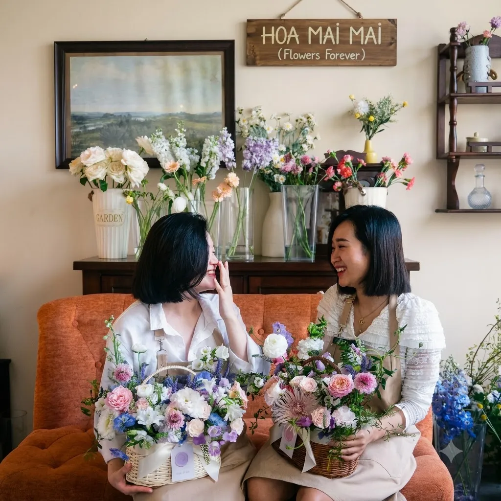 Giỏ hoa pastel xanh tím nhẹ nhàng tại Đường Nguyễn Chí Thanh, Đà Nẵng