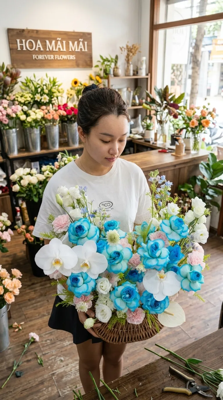 Giỏ hoa tông xanh biển điểm lan trắng tại Minh Long, Quảng Ngãi