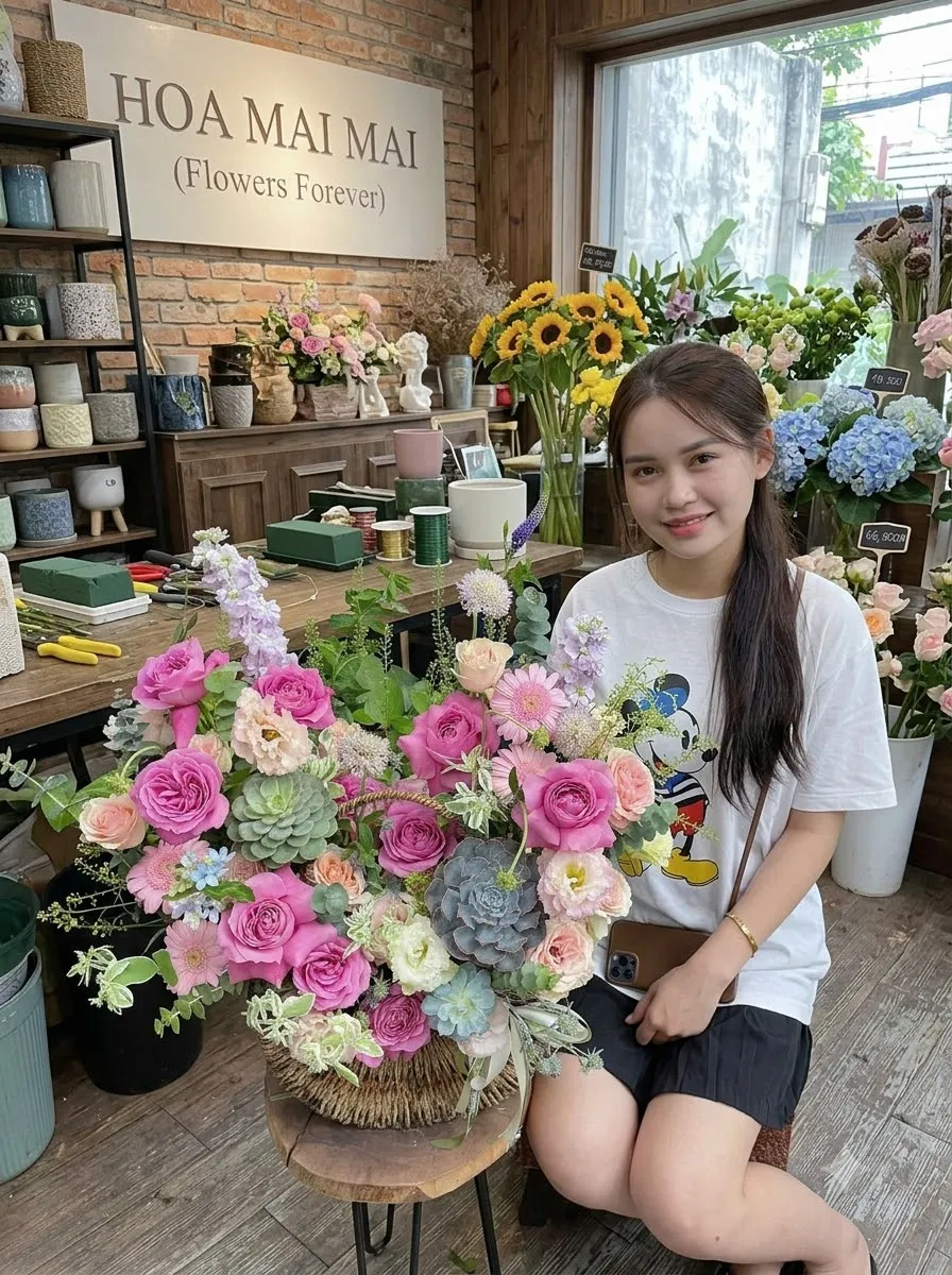 Giỏ hoa hồng phối sen đá tại Thọ Xuân, Thanh Hóa