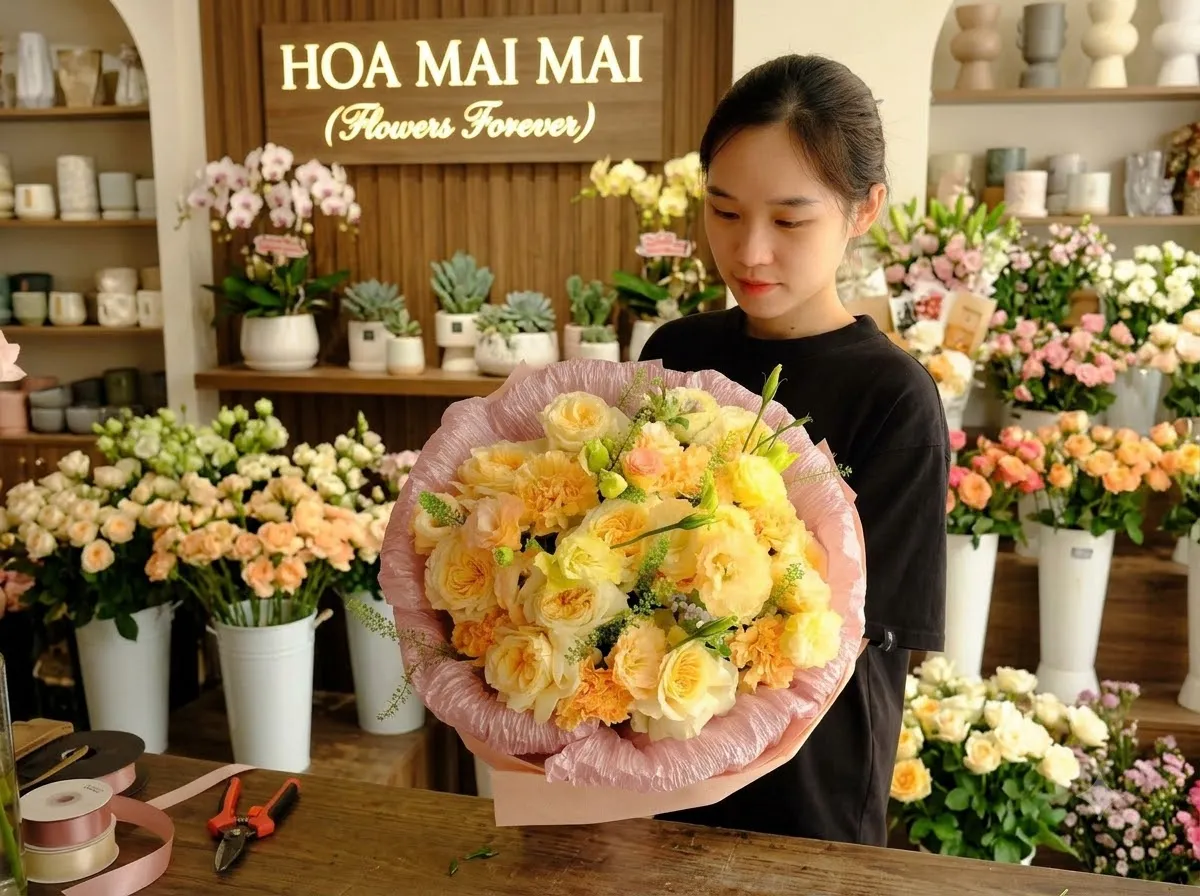 Bó hoa hồng vàng kem cắm tròn tại Bồng Sơn, Bình Định