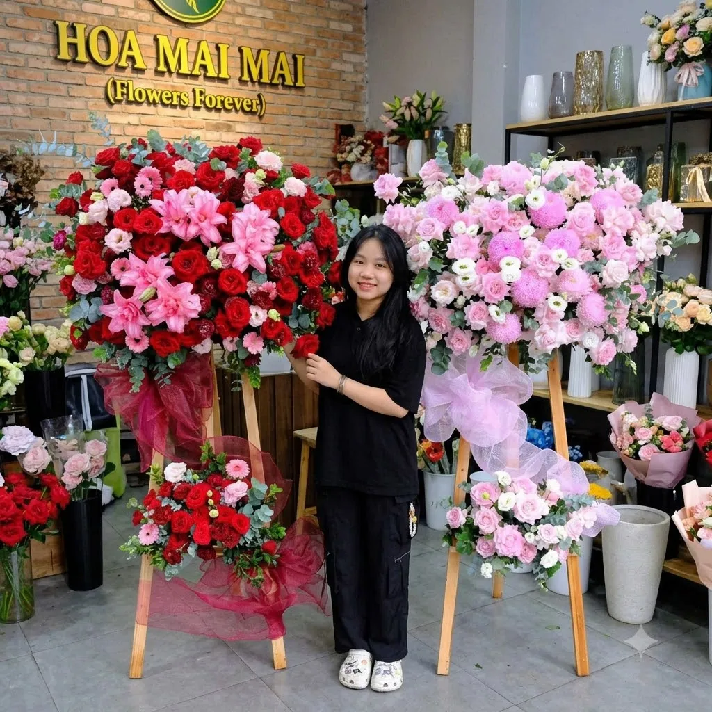 Kệ hoa đỏ và kệ hoa hồng pastel tại Huyện Vạn Ninh, Khánh Hòa