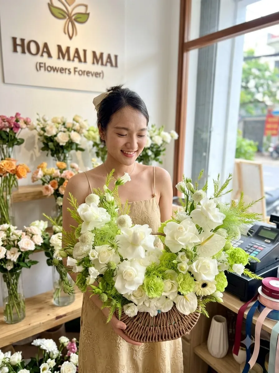 Giỏ hoa tông trắng xanh tại Quận Hà Đông, Hà Nội