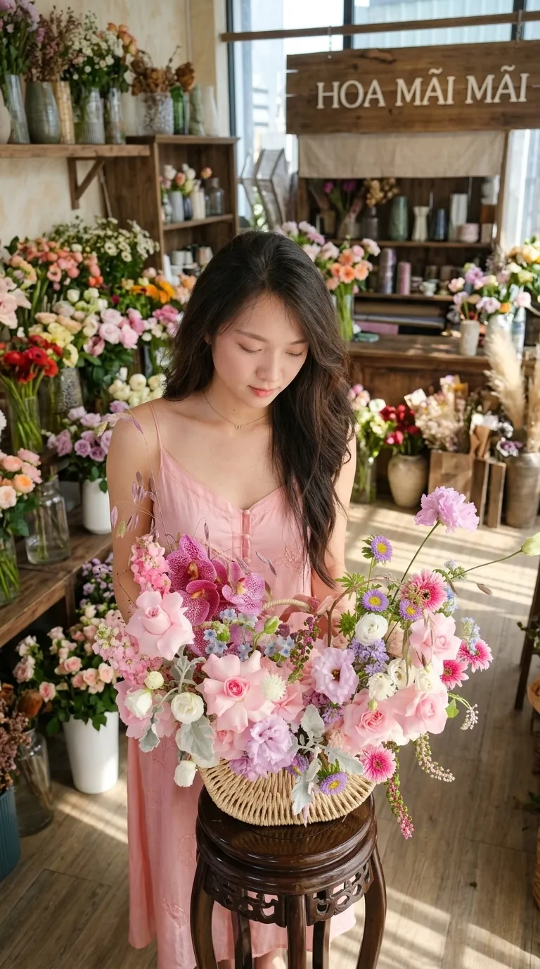 Giỏ hoa pastel hồng tím tại Huyện M'Đrắk, Đắk Lắk