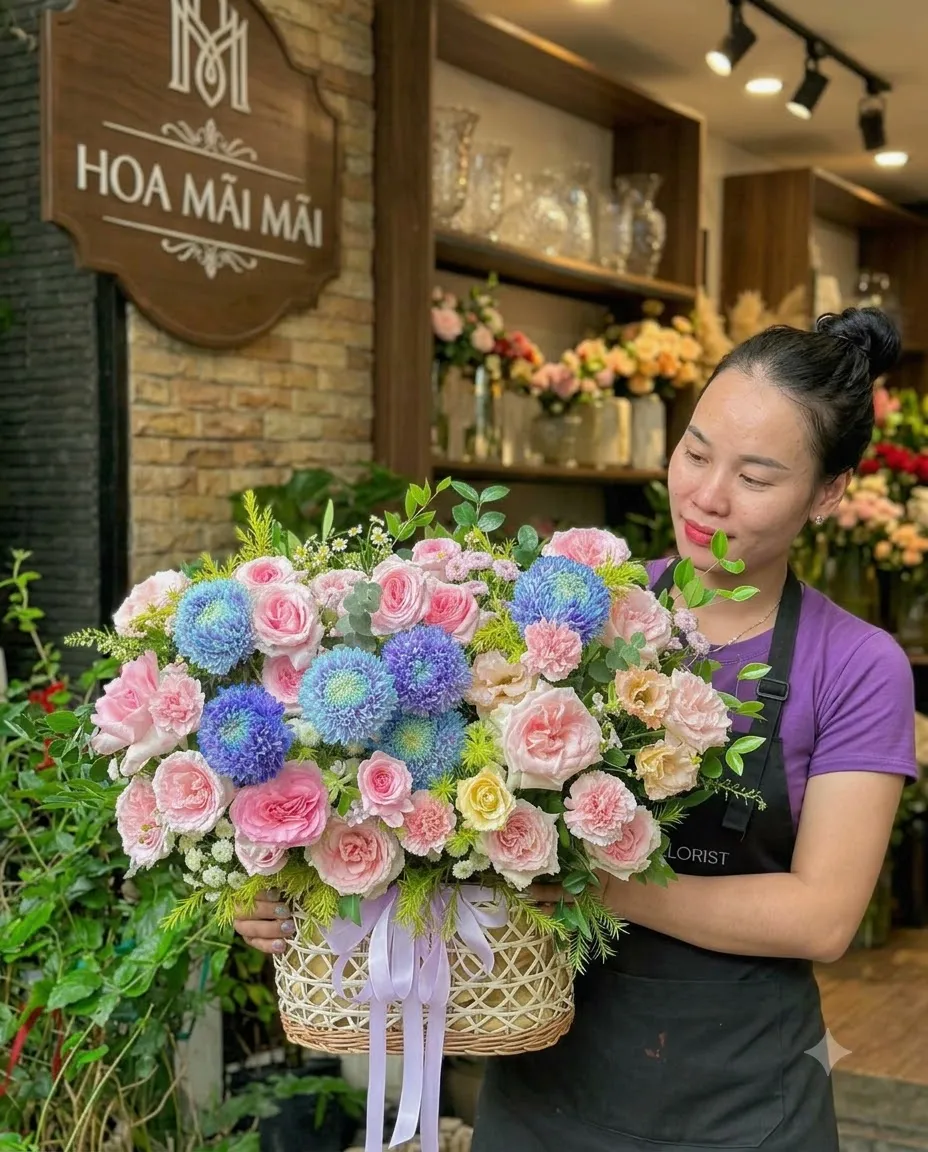 Giỏ hoa hồng phấn phối cúc xanh tại Huyện Ninh Hải, Ninh Thuận