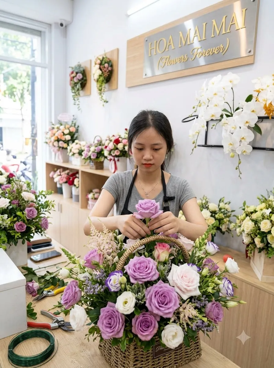 Giỏ hoa hồng tím phối cát tường tại Đà Lạt, Lâm Đồng