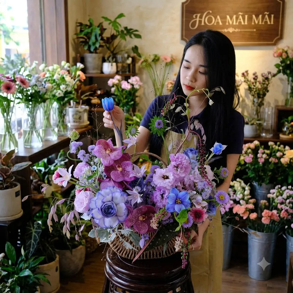 Giỏ hoa tông tím xanh nhiều loại hoa tại Phan Rang, Ninh Thuận