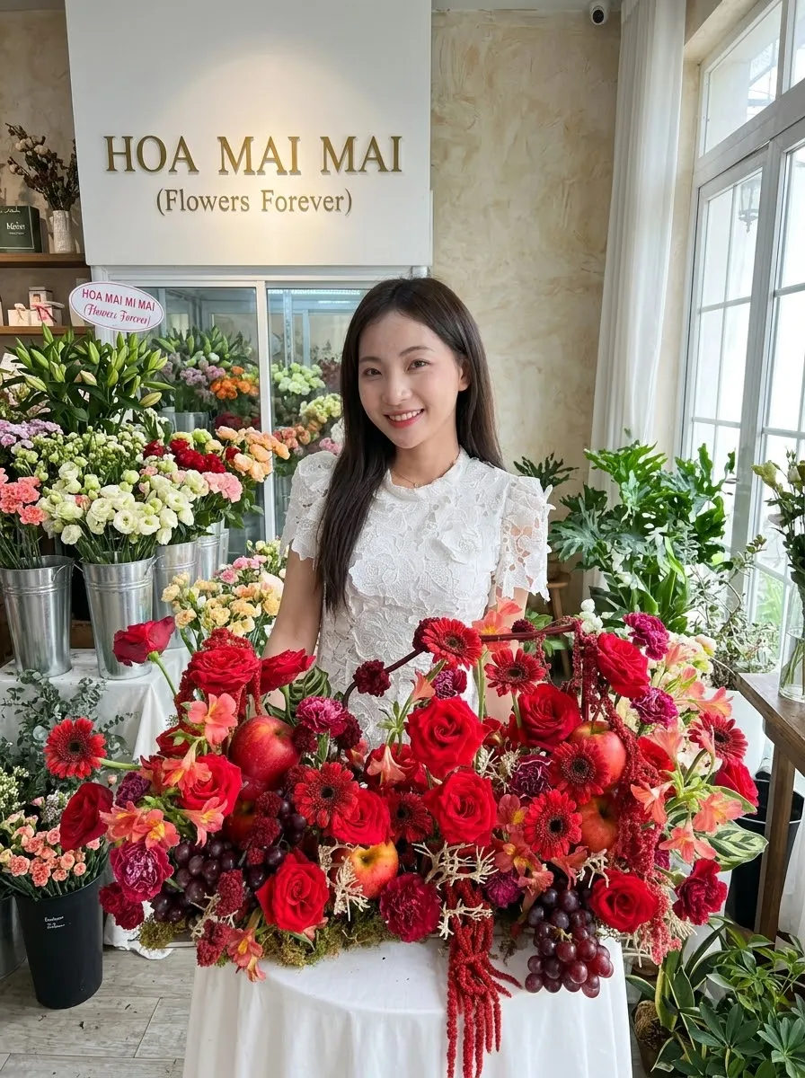 Giỏ hoa đỏ phối trái cây tại Phủ Lý, Hà Nam
