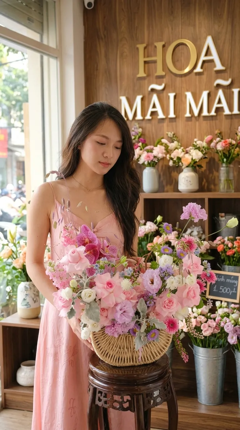 Giỏ hoa hồng phấn phối cúc tím tại Minh Long, Quảng Ngãi