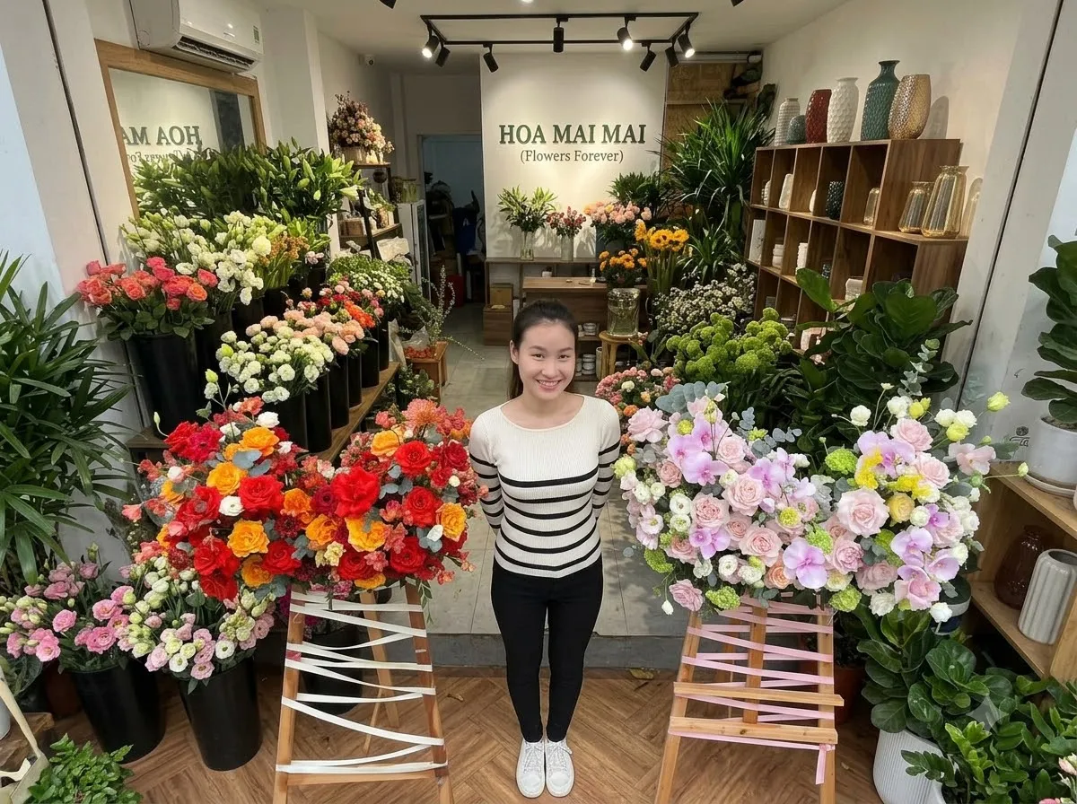 Hai kệ hoa đỏ cam và hồng pastel tại Đường Nguyễn Văn Linh, Hồ Chí Minh