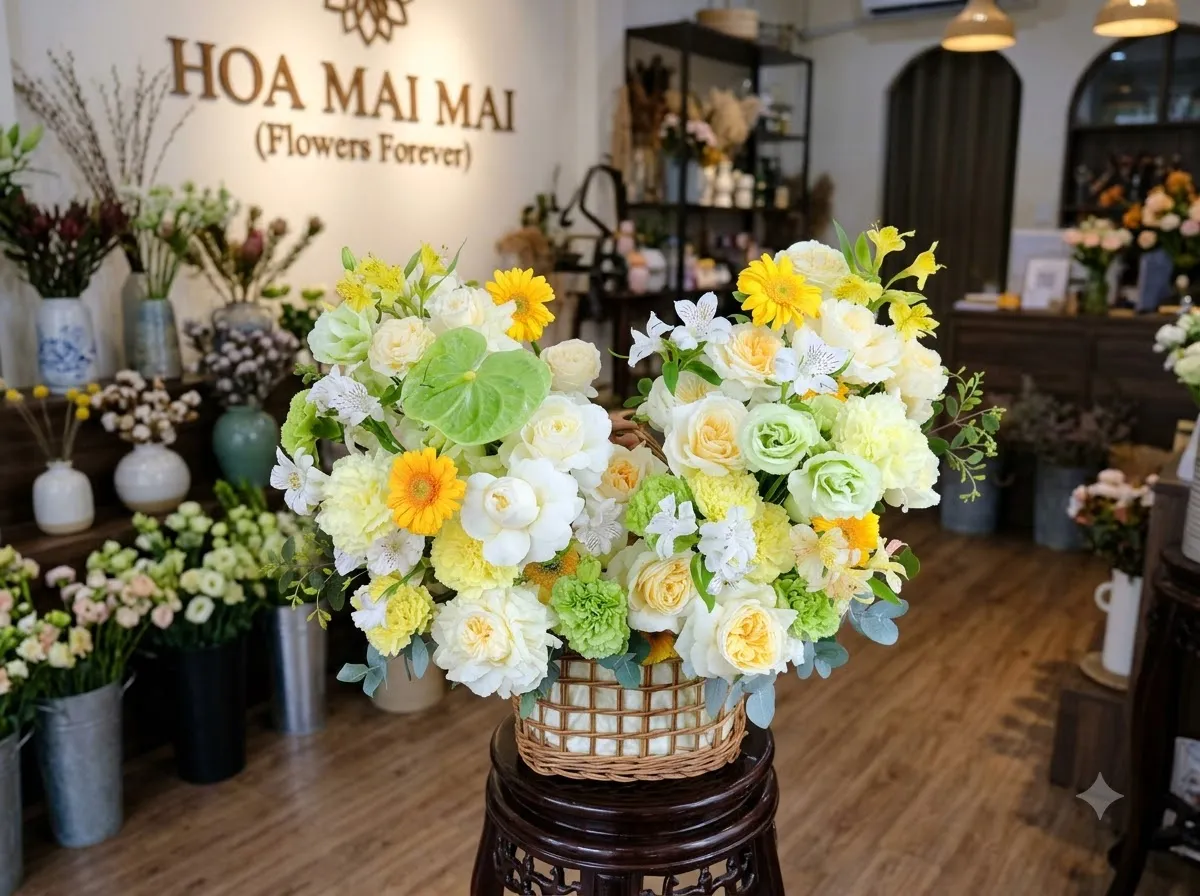 Giỏ hoa tông trắng vàng trên đôn gỗ tại Huyện Vị Xuyên, Hà Giang