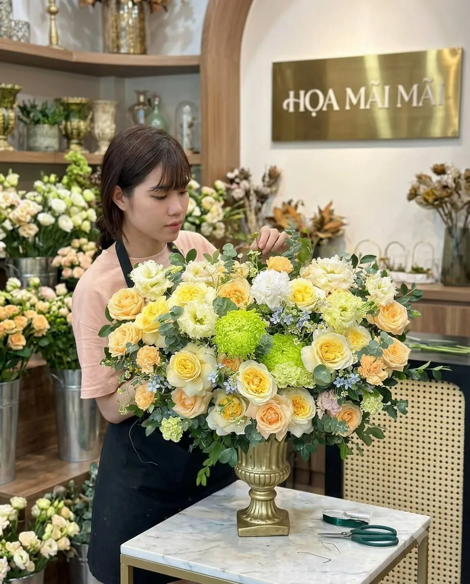 Bình hoa tông vàng trắng cắm nghệ thuật tại Chiêm Hóa, Tuyên Quang