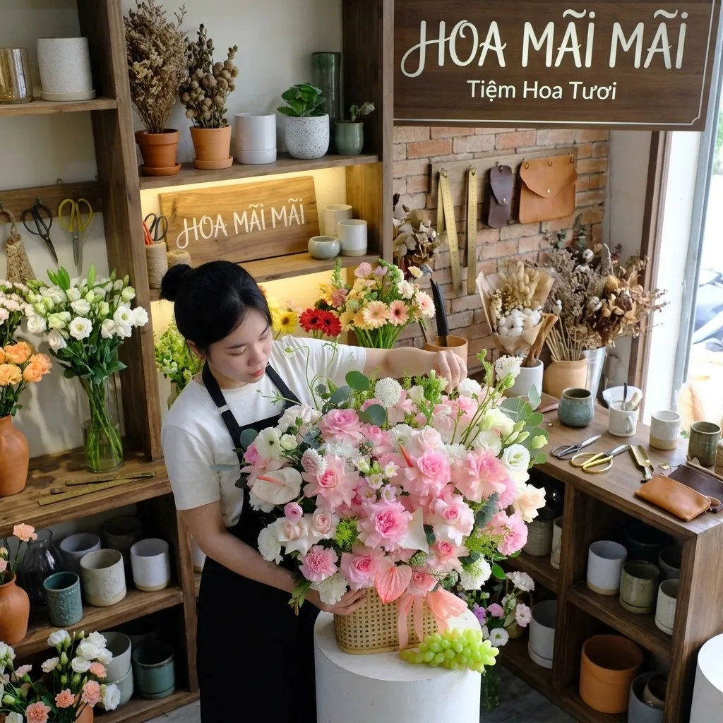 Giỏ hoa hồng trắng phong cách mộc tại Huyện Văn Yên, Yên Bái