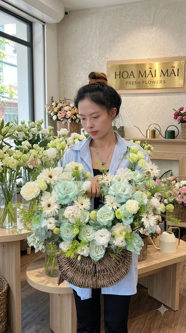 Giỏ hoa tông xanh mint trắng tại Huyện Krông Ana, Đắk Lắk