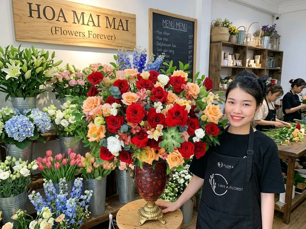 Bình hoa hồng đỏ phối hồng cam tại Đường Trần Văn Kỷ, Hồ Chí Minh