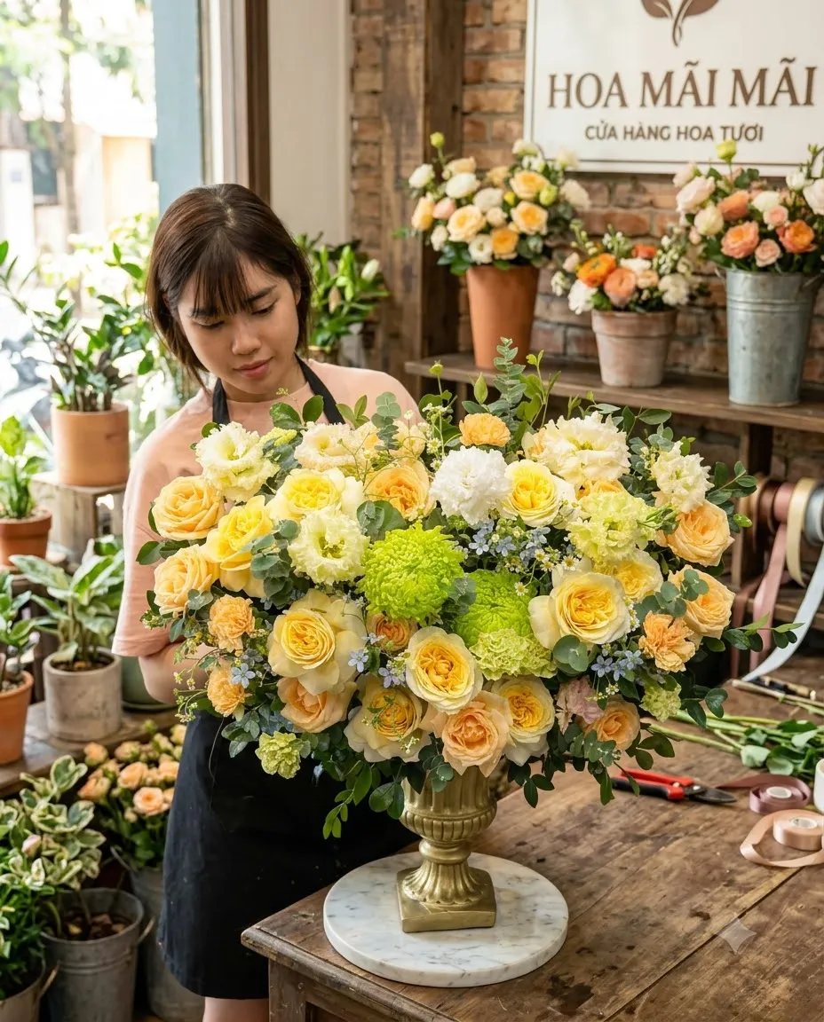 Lẵng hoa tông vàng phối cúc xanh tại Huyện Ninh Hải, Ninh Thuận