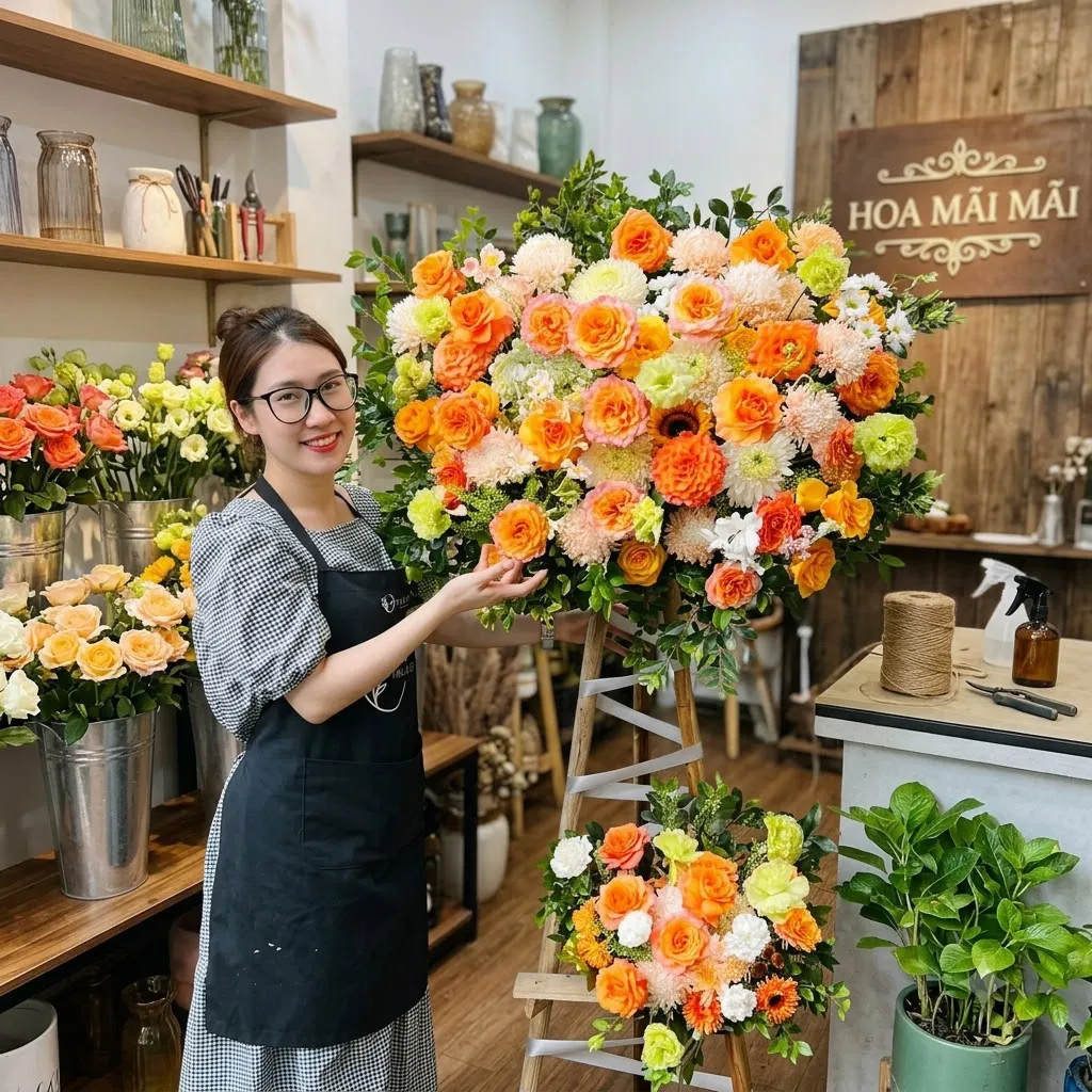 Kệ hoa khai trương cam vàng trên giá gỗ tại Bồng Sơn, Bình Định