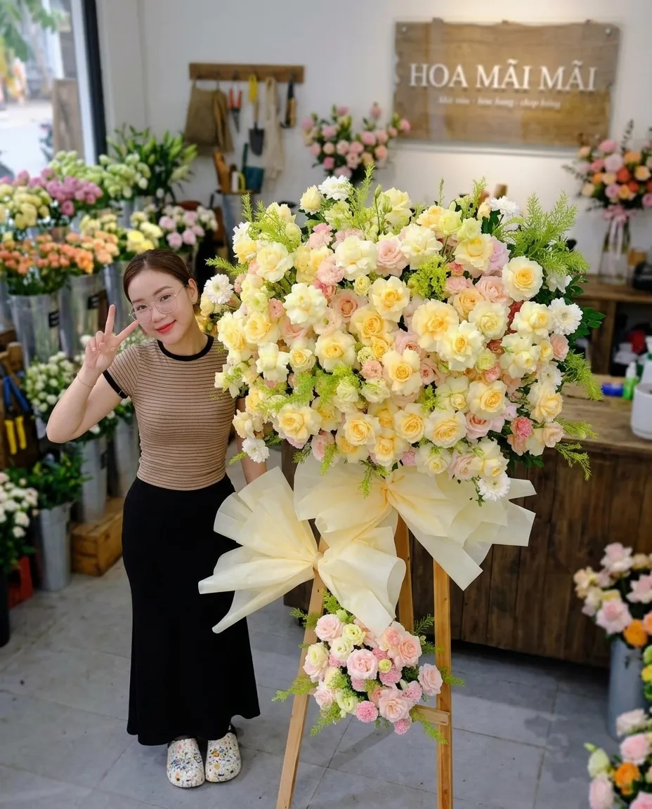 Kệ hoa hồng vàng kèm nơ lụa tại Huyện Tuần Giáo, Điện Biên