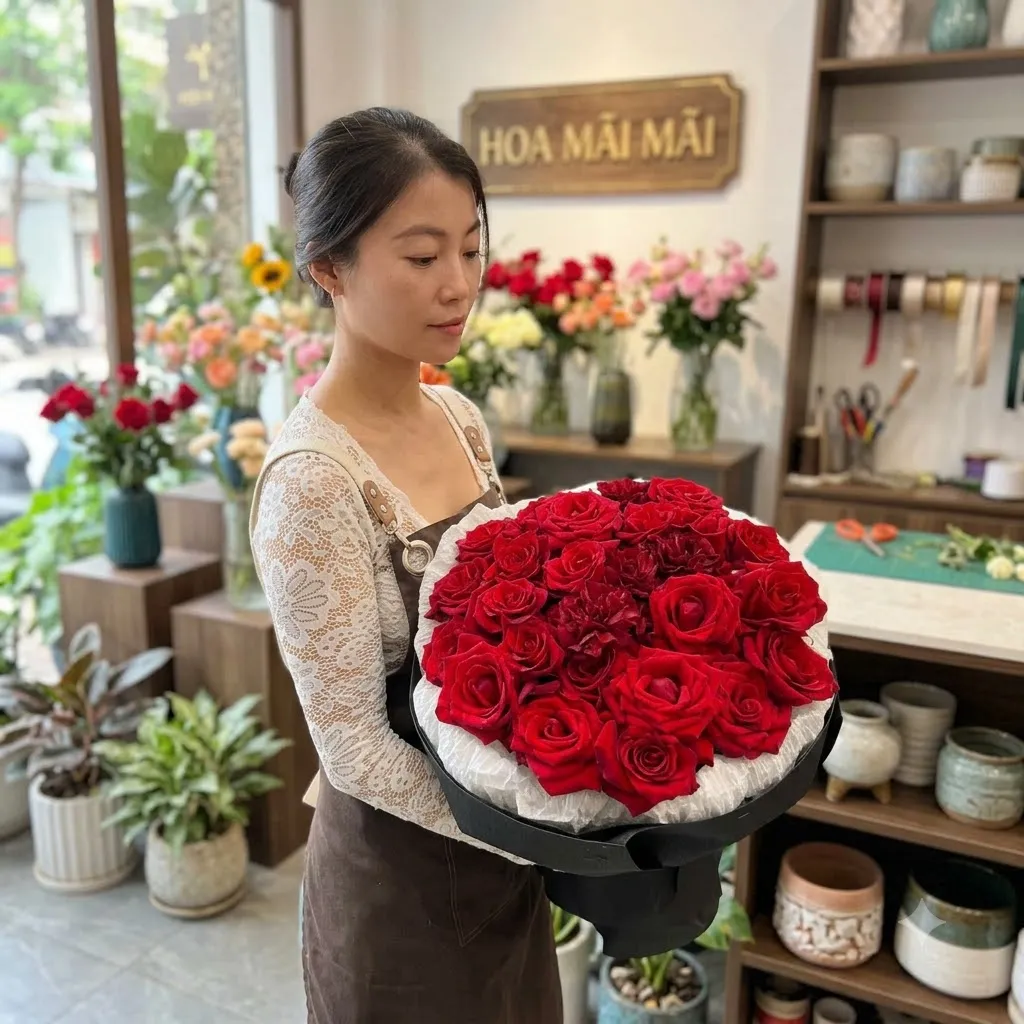 Bó hoa hồng đỏ nhung xếp tròn tại Thới Lai, Cần Thơ