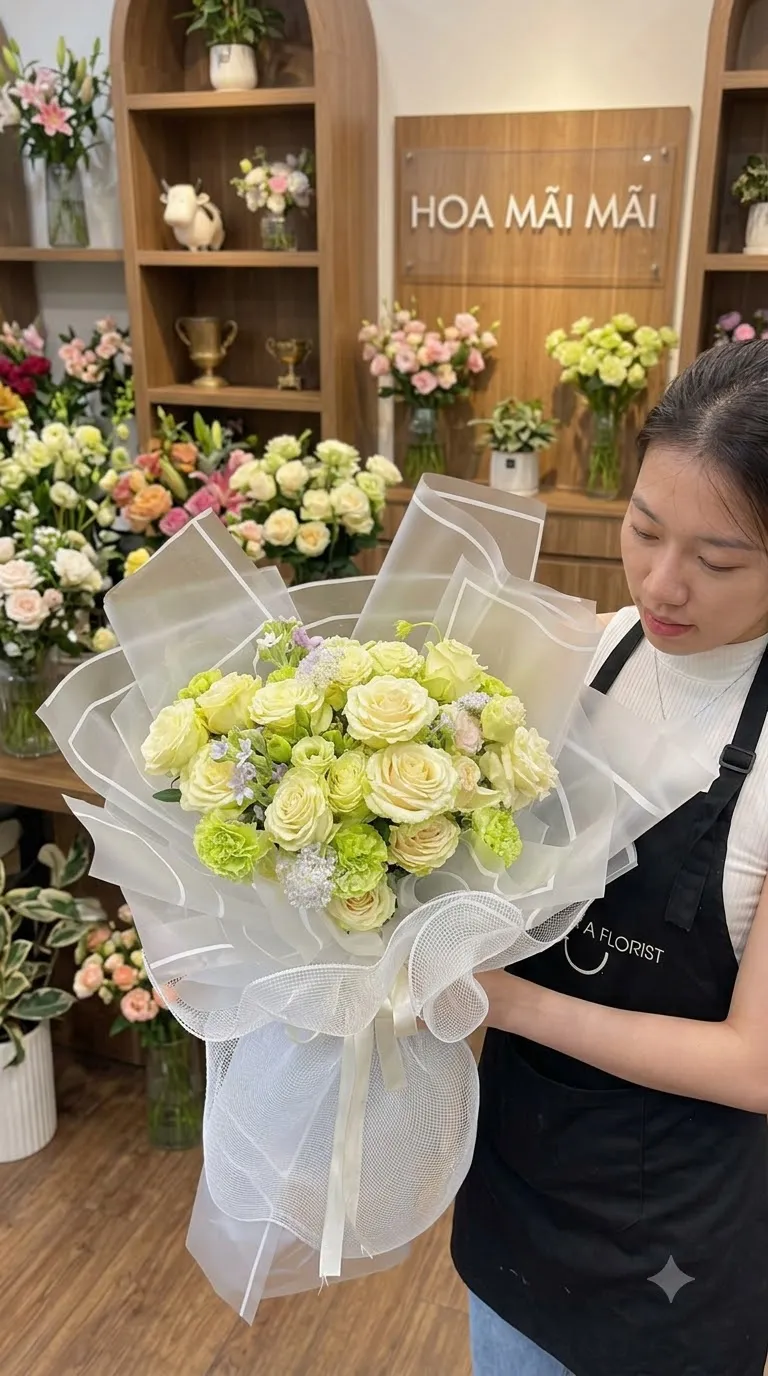 Bó hoa hồng vàng chanh gói voan trắng tại Đồng Tháp