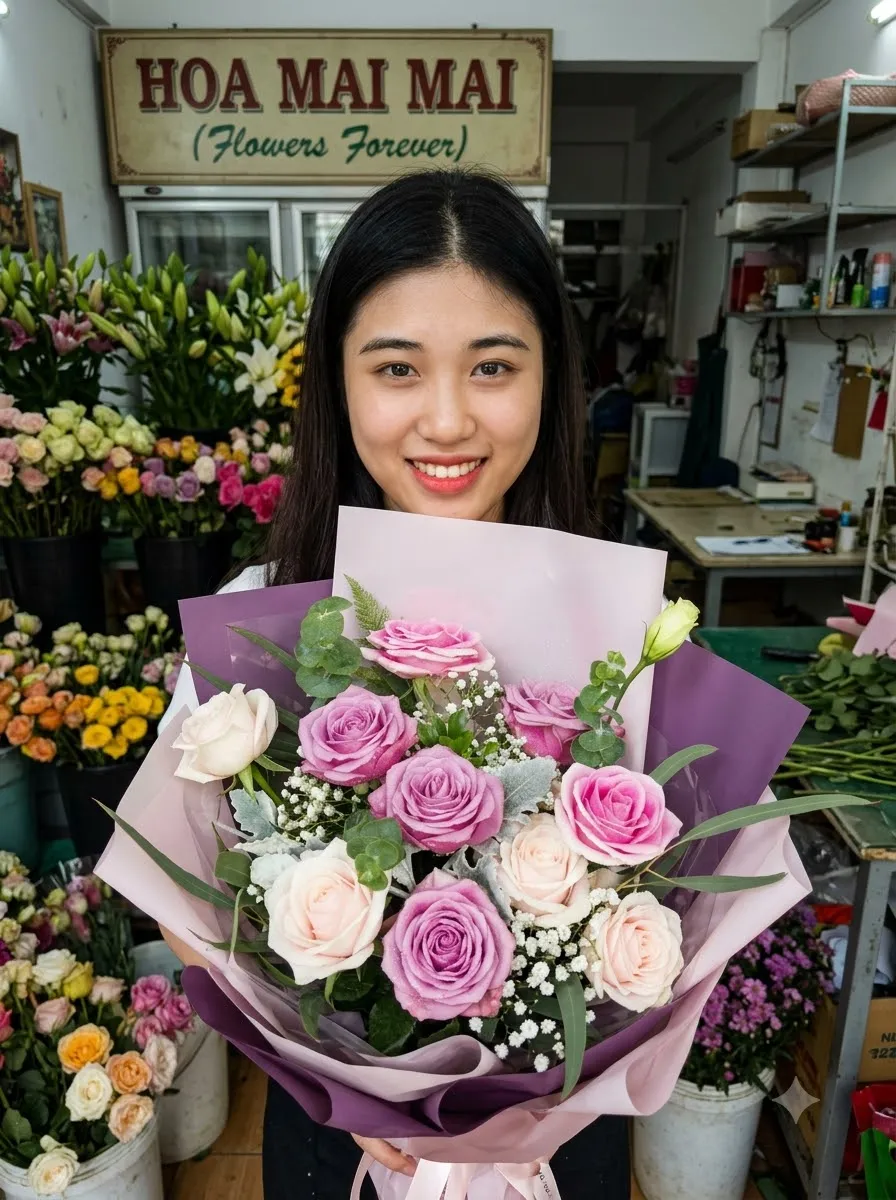 Bó hoa hồng tím bọc giấy tím tại Đường Đặng Văn Ngữ, Hồ Chí Minh