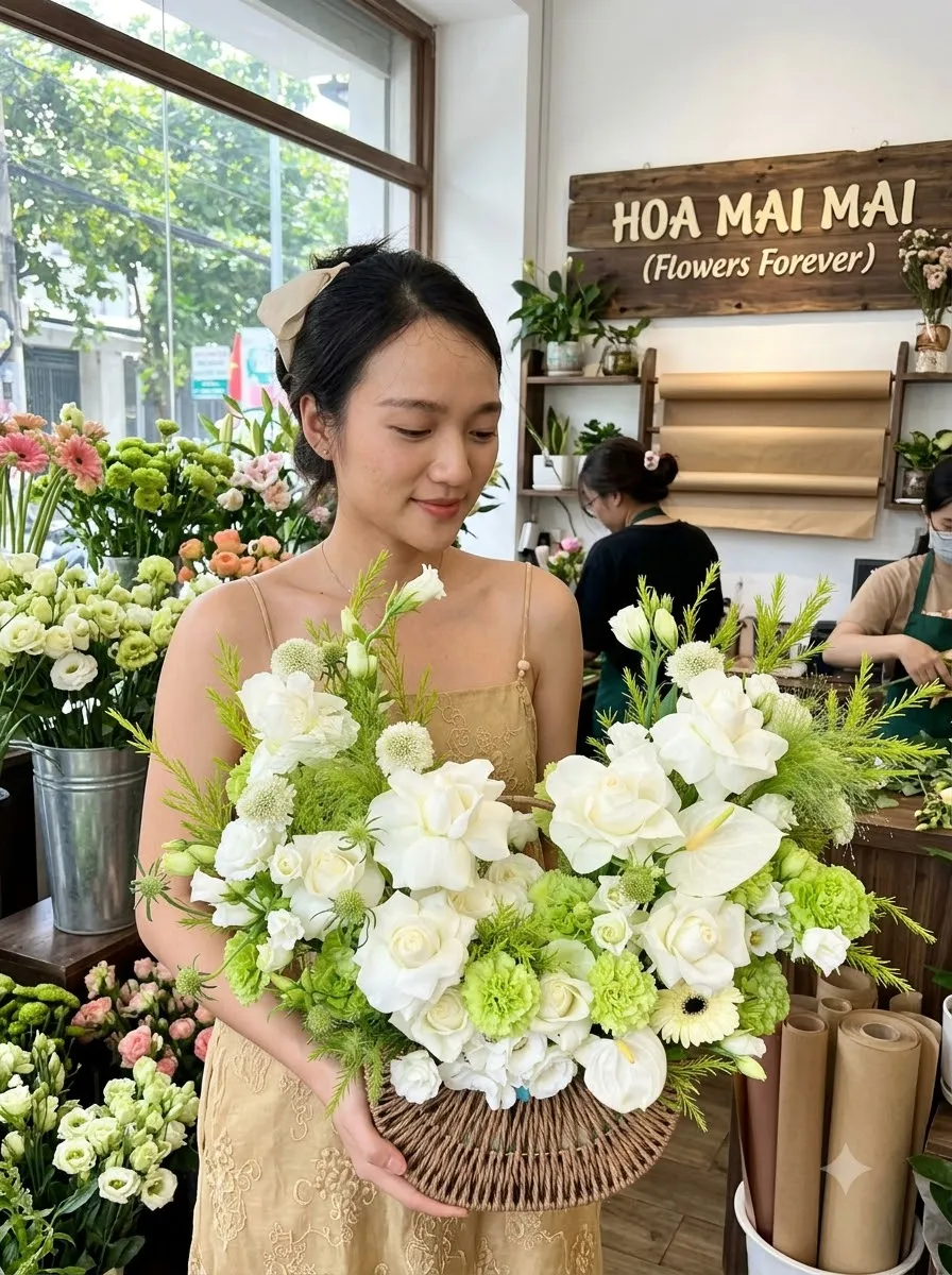 Giỏ hoa trắng xanh cốm sang trọng tại Lai Châu