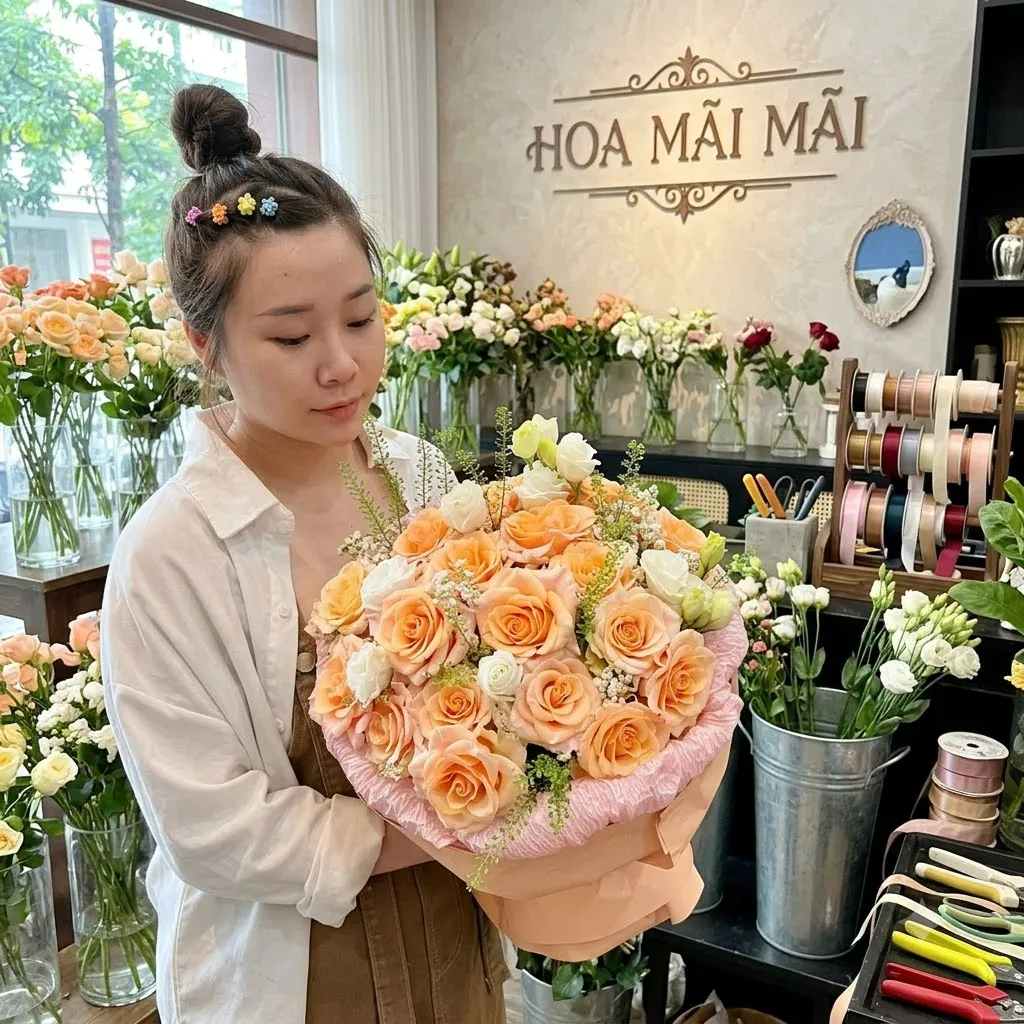 Bó hồng cam san hô điểm hoa trắng tại Bồng Sơn, Bình Định