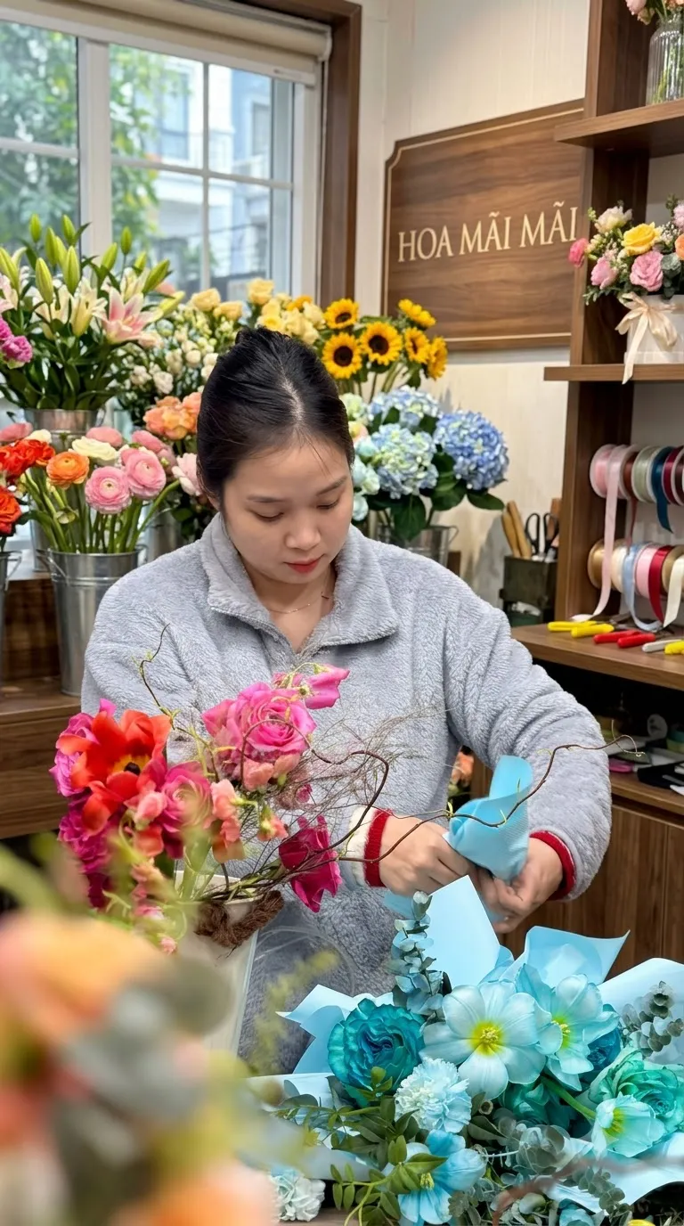 Thợ hoa hoàn thiện bó hoa xanh ngọc tại Bắc Hà, Lào Cai