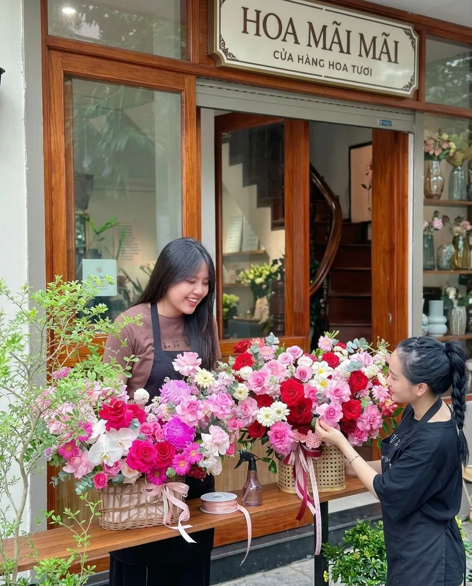 Nhân viên tiệm hoa trước cửa tiệm tại Huyện Ba Vì, Hà Nội