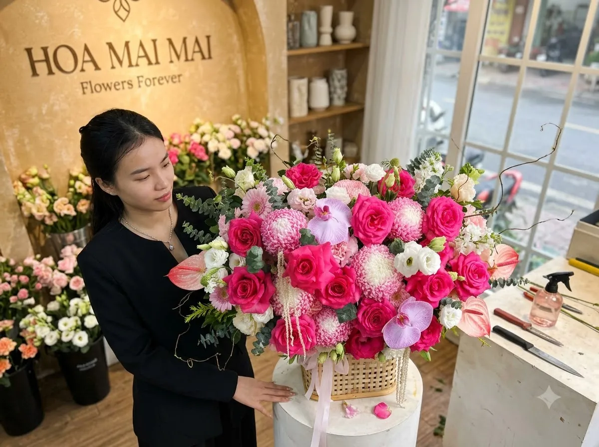 Giỏ hoa hồng sen phối cúc mẫu đơn tại Tây Ninh