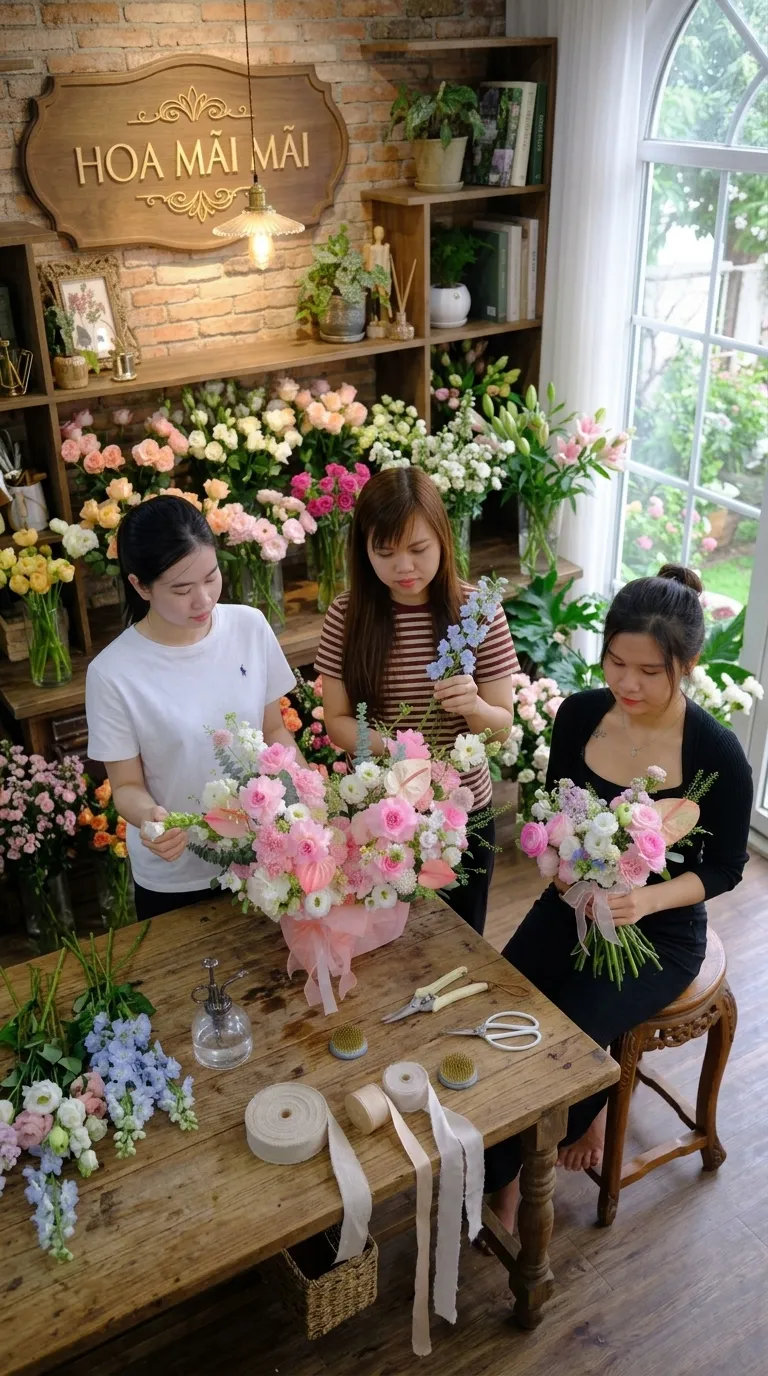 Xưởng cắm hoa với ba thợ hoa tại Đường Phan Châu Trinh, Đà Nẵng