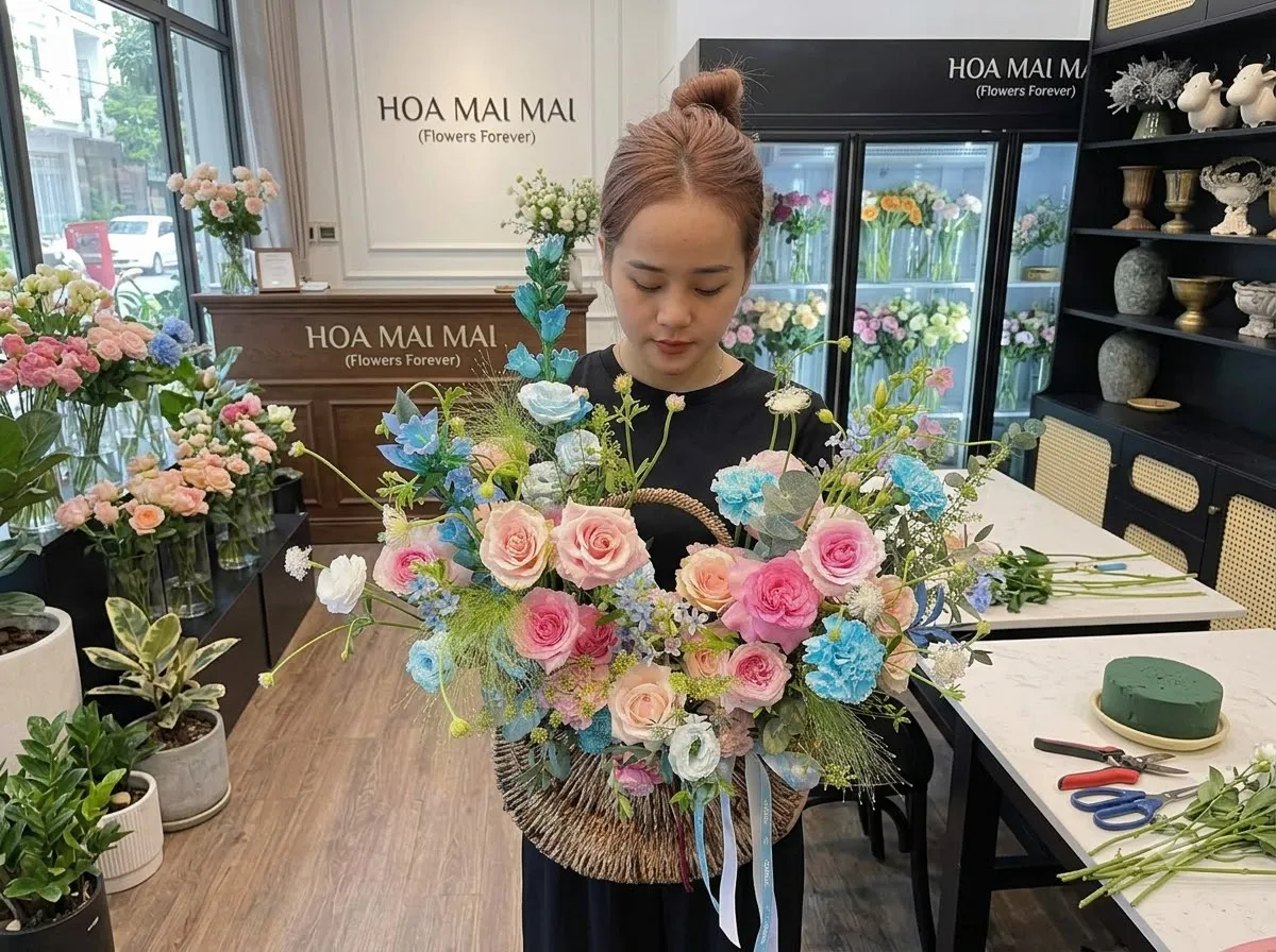 Giỏ hoa hồng phối xanh dịu mát tại Bình Gia, Lạng Sơn