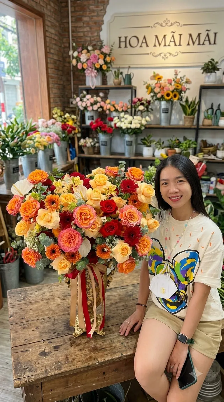 Giỏ hoa chúc mừng tông cam rực tại Huyện Krông Ana, Đắk Lắk