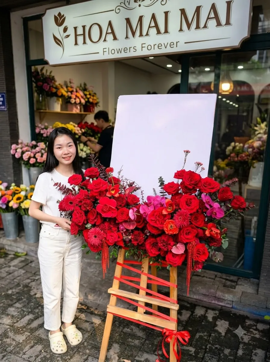 Kệ hoa hồng đỏ kèm bảng chúc mừng tại Tây Sơn, Bình Định