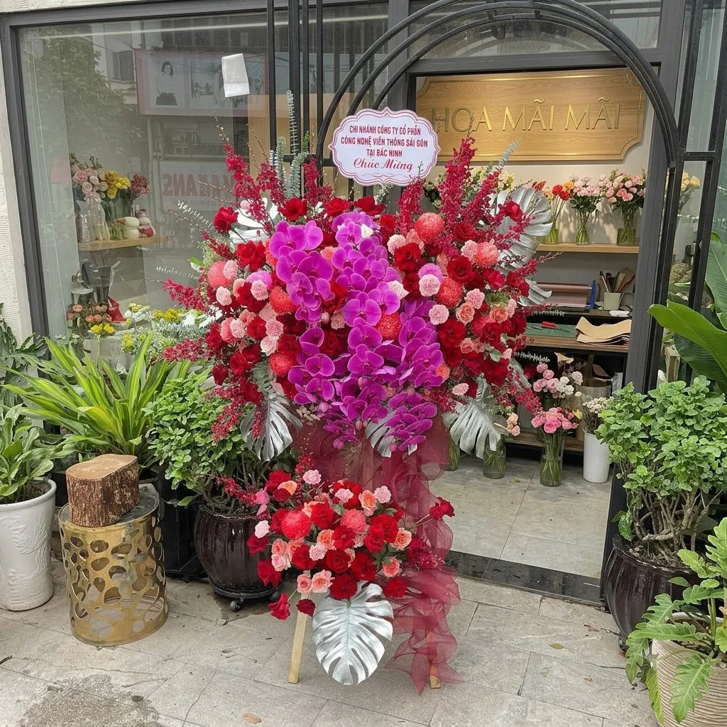 Kệ hoa chúc mừng tông đỏ tím tại Đồng Tháp