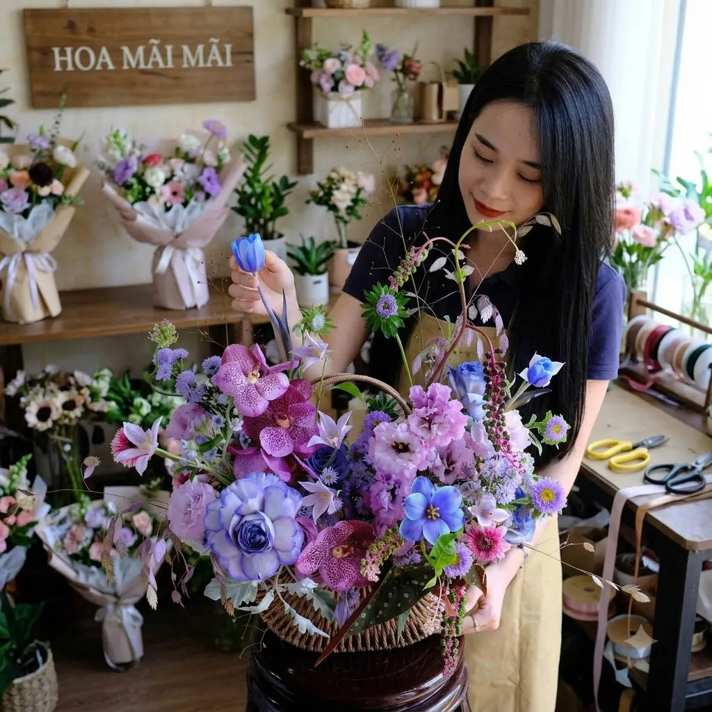 Giỏ hoa lan vanda tông tím xanh tại Huyện Hồng Dân, Bạc Liêu
