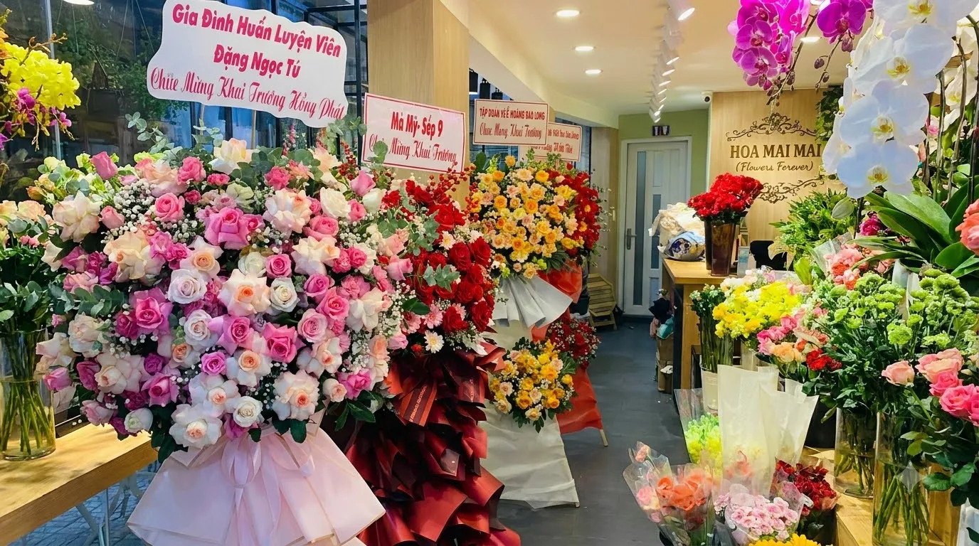 Kệ hoa chúc mừng gắn bảng chữ tại Minh Long, Quảng Ngãi