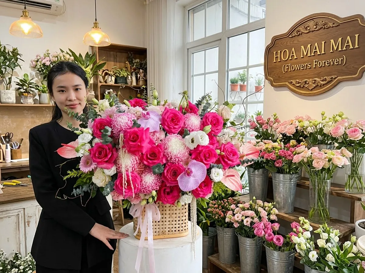 Giỏ hoa hồng sen phối lan hồ điệp tại Minh Long, Quảng Ngãi