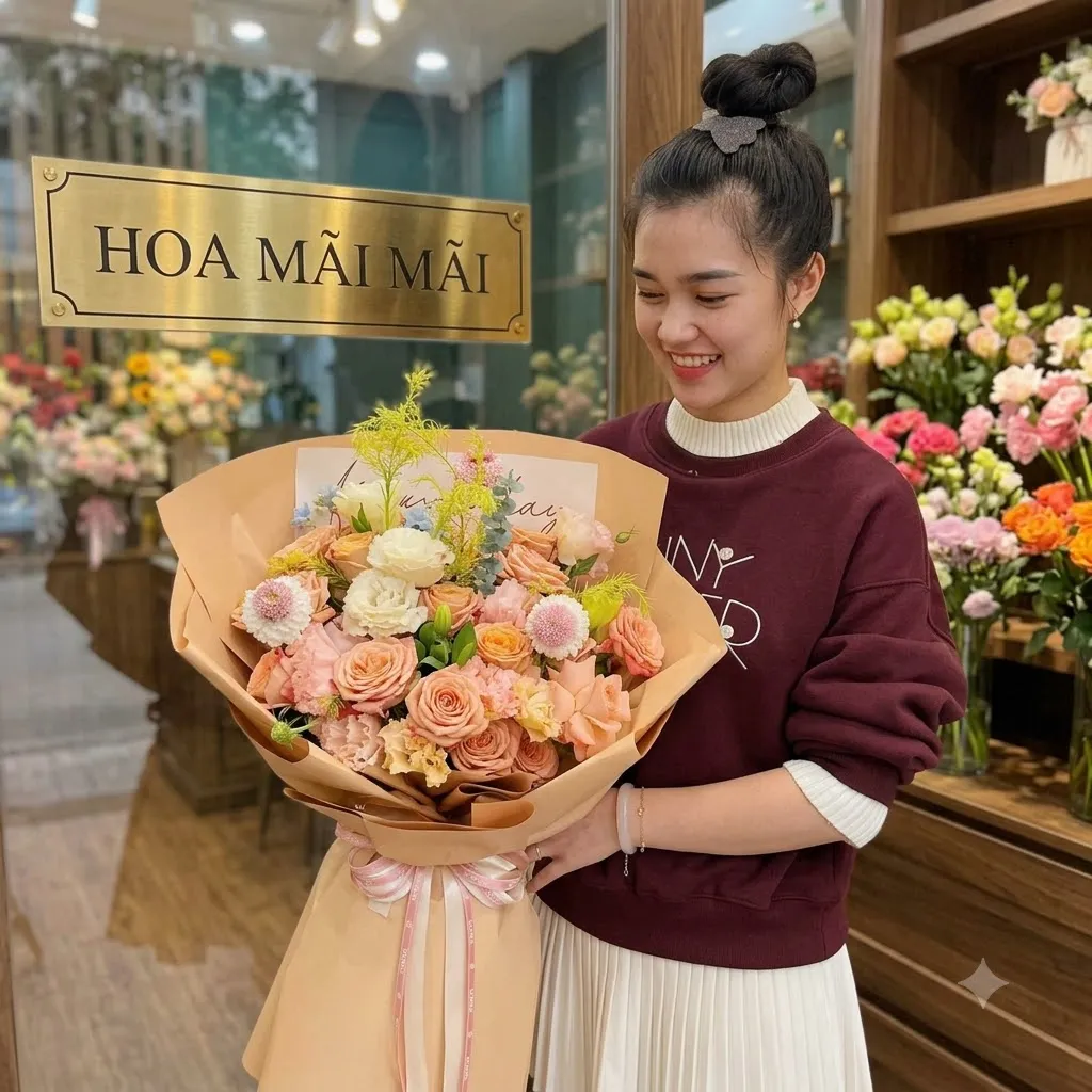 Bó hoa hồng tông nâu trà sữa tại Đường Nam Kỳ Khởi Nghĩa, Hồ Chí Minh