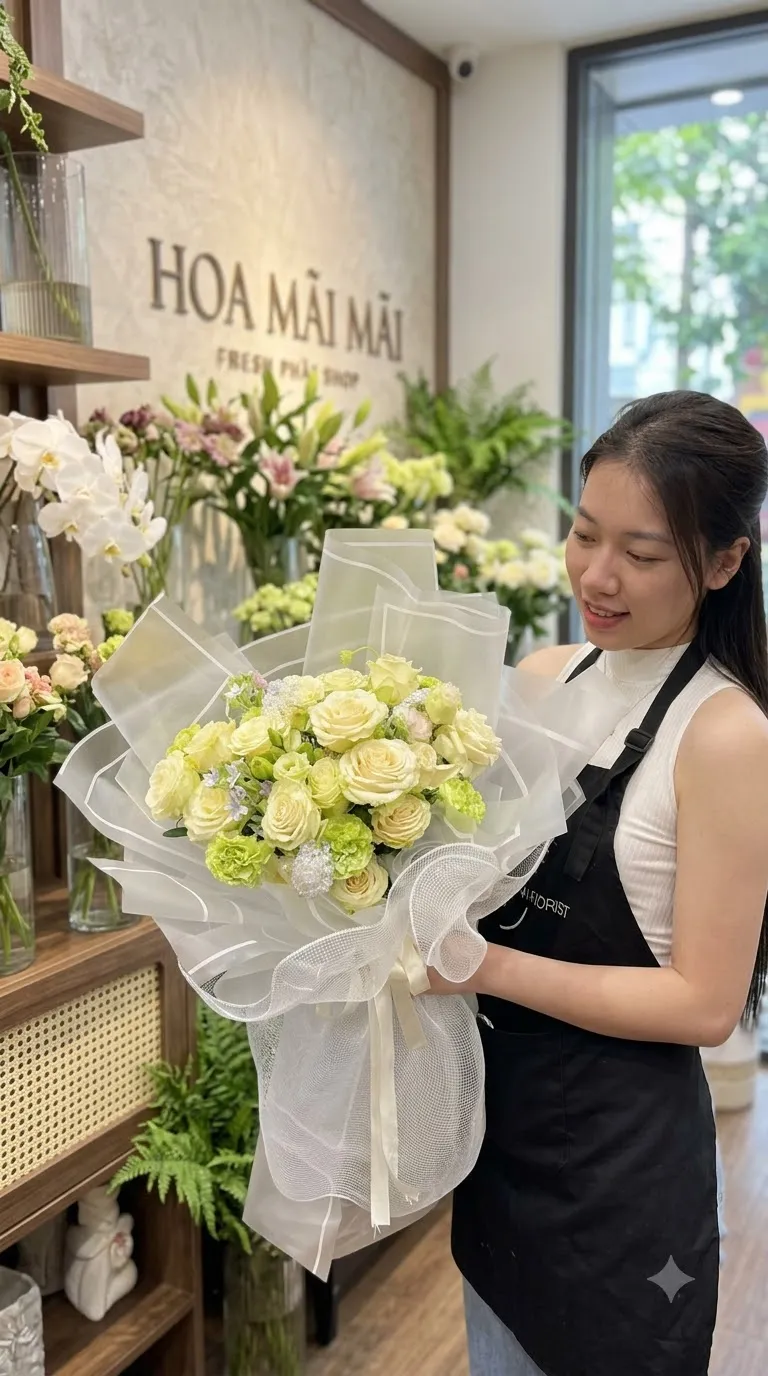 Bó hoa hồng xanh chanh gói voan trắng tại Huyện Krông Ana, Đắk Lắk