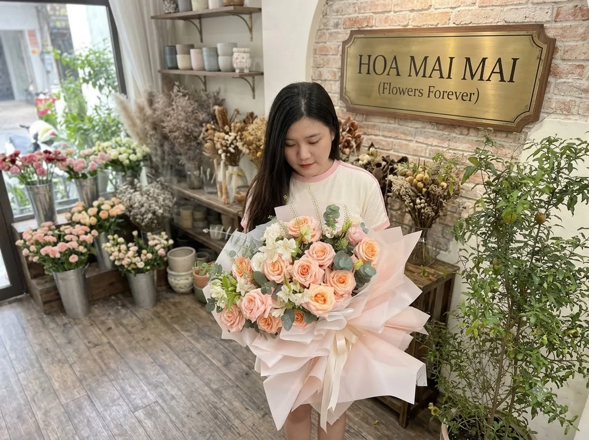 Bó hoa hồng cam gói giấy hồng tại Huyện Hương Khê, Hà Tĩnh