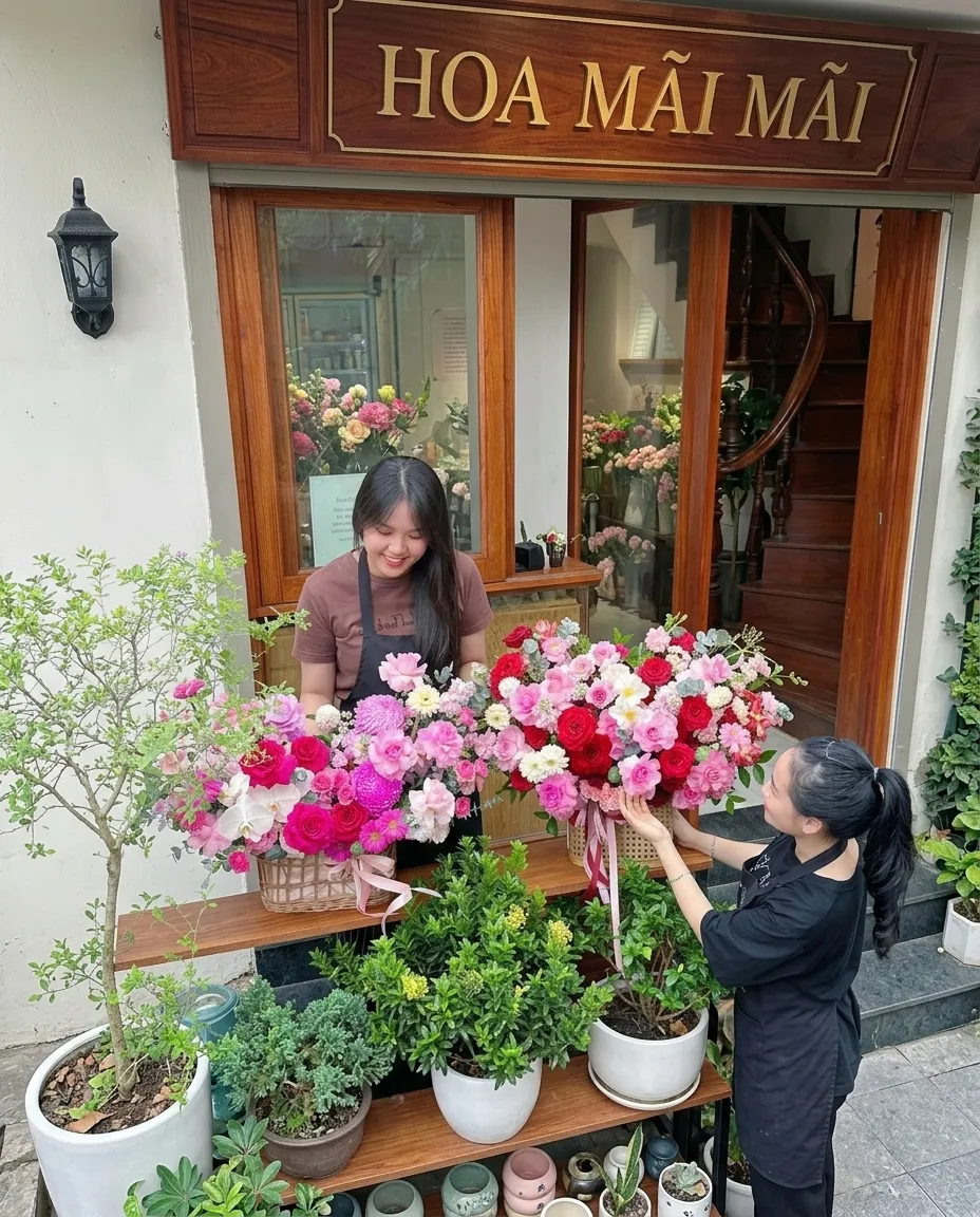 Giỏ hoa hồng đỏ trước hiên tiệm tại Tây Sơn, Bình Định