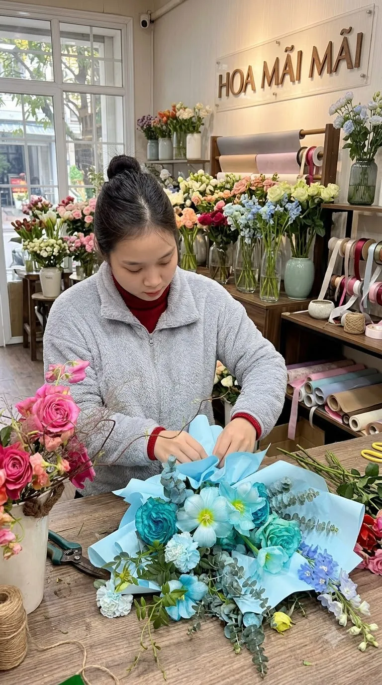 Nhân viên gói hoa tại cửa hàng tại Bồng Sơn, Bình Định
