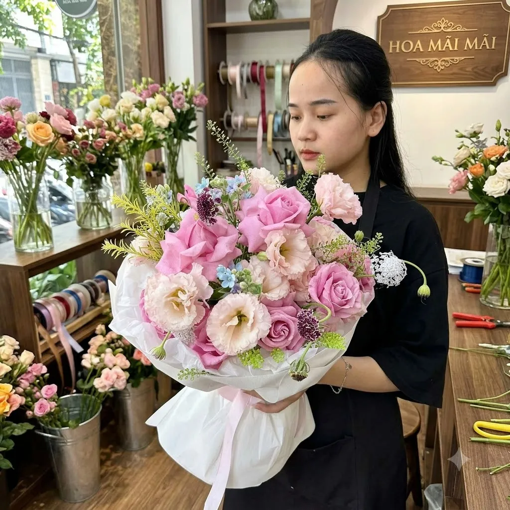 Bó hoa hồng tím phối cát tường trắng tại Đồng Tháp