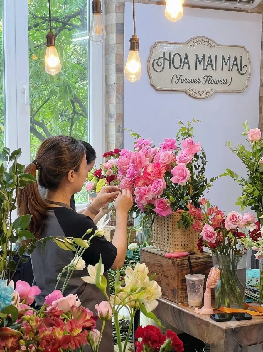 Góc quầy hoa tươi trong cửa hàng tại TP HCM