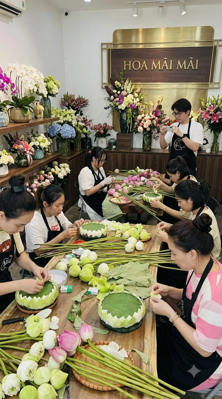 Nhóm thợ hoa gói hoa sen tại xưởng tại TP HCM