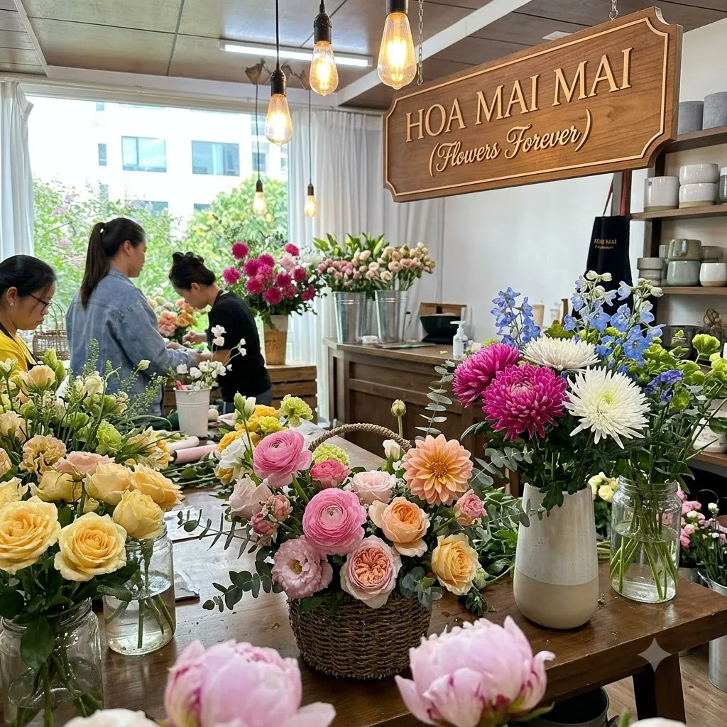 Bàn hoa tươi bên cửa sổ shop tại Bố Trạch, Quảng Bình