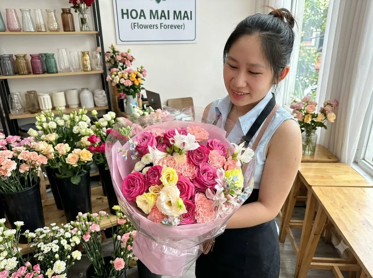Bó hồng đậm phối cẩm chướng tại Phan Rang, Ninh Thuận