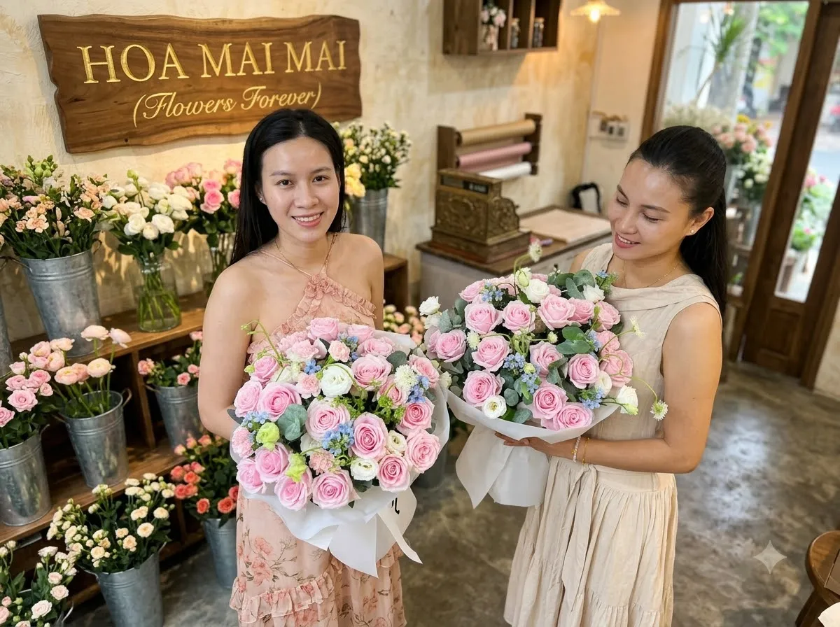 Bó hoa hồng pastel dáng tròn đầy tại Huyện M'Đrắk, Đắk Lắk