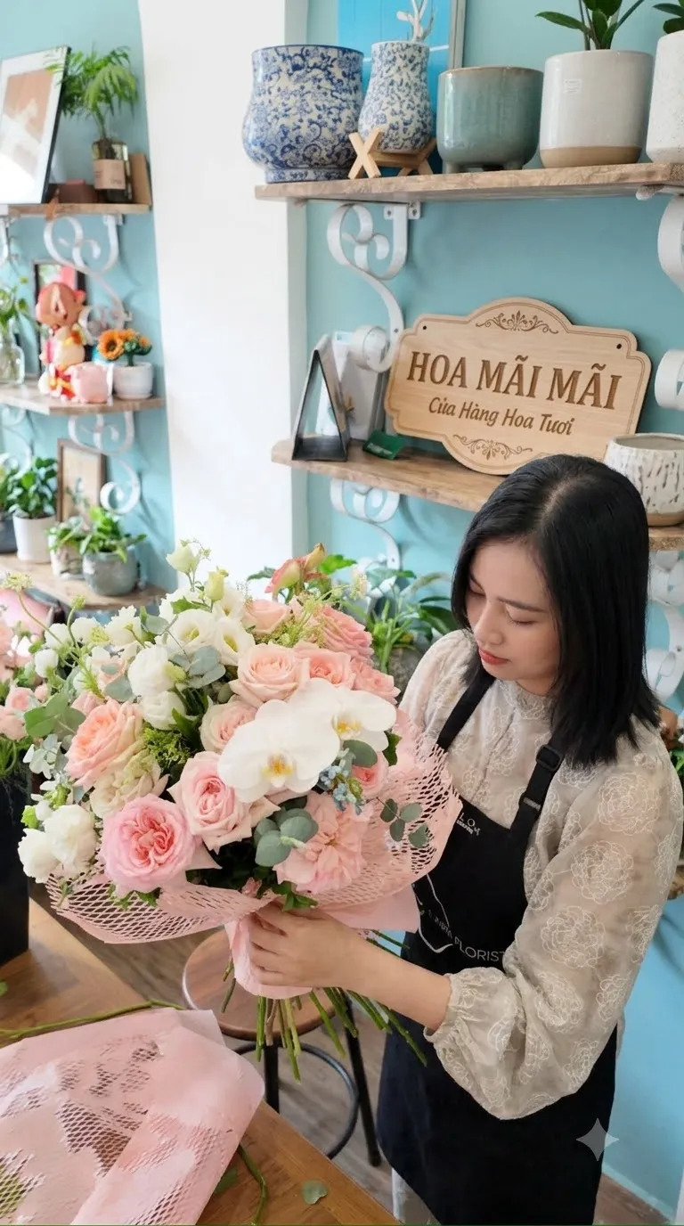 Bó hoa hồng pastel điểm lan hồ điệp tại Tân An, Long An